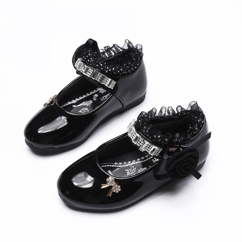 Children Shoes For Girl Spring New Princess Lace Leather Shoes Fashion Cute Bow Rhinestone Wedding Shoes Student Party Dance