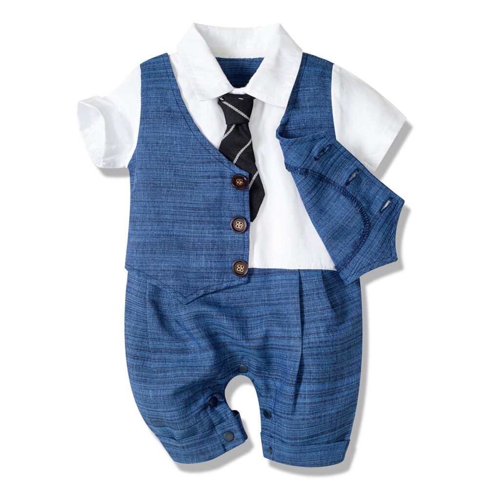 Baby Boy Clothes Summer Cotton Formal Romper Gentleman Newborn One-Piece Tie Outfit Clothing Handsome Kids Jumpsuit Party Suit