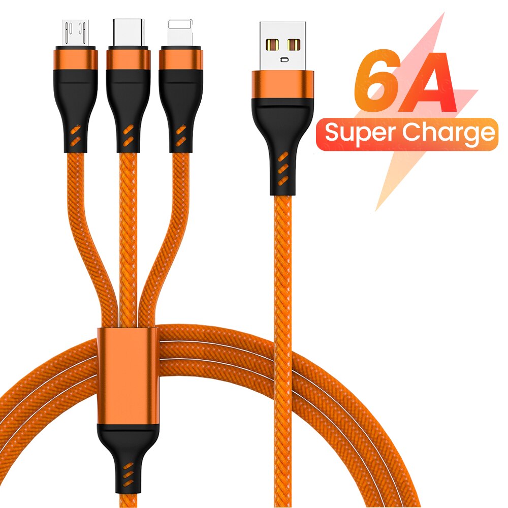 3in1 6A 100W SuperCharging Cable for  14 13 Micro USB Type-C Data Cord Fast Charger USB C Cable For  Xiaomi Huawei