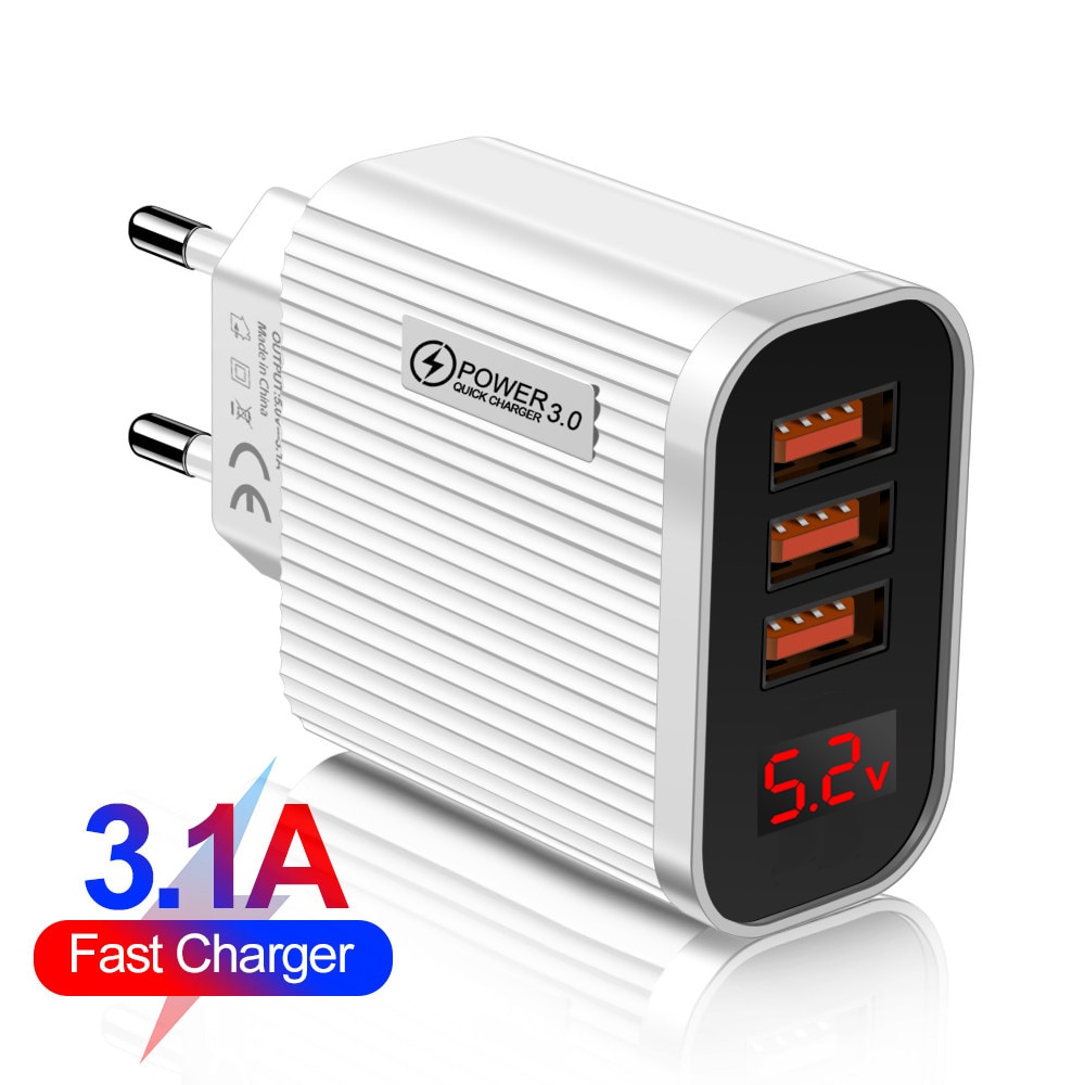 3 Ports USB Charger Quick Charge 3.0 With LED Digital Display Wall Charger For iPhone Xiaomi Fast Charging Mobile Phone Chargers