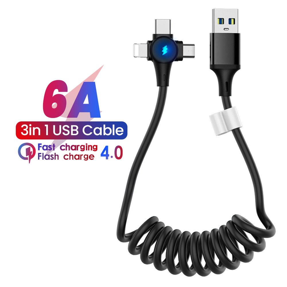 6A 3 in 1 Spring Cable Micro 8 Pin Type-C Fast Charger Retractable USB Data Cable Cord