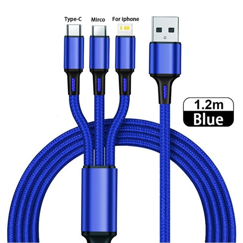 3in1 Fast Charging Cable Type-C Micro Charger Multiple USB Charging Cord Mobile Phone Multi USB Port Wire