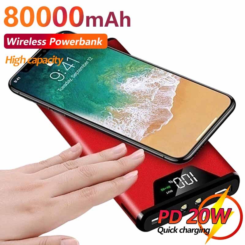 80000mAh Wireless Ultra-thin Power Bank Portable Charger Digital Display Outdoor Travel Fast Charging