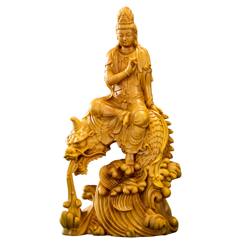 Guan Yin Wood Buddha Statue Boxwood Dragon Guanyin Bodhisattva Solid Wood Sculpture Feng Shui Home Decor