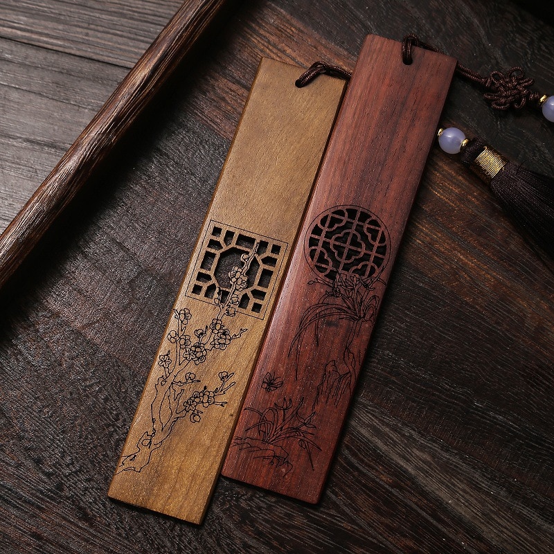 Ebony Wood Flower Hollow Out Bookmarks Classical Book Pendant Car Hanging Feng Shui Chinese Retro Style Home Decor