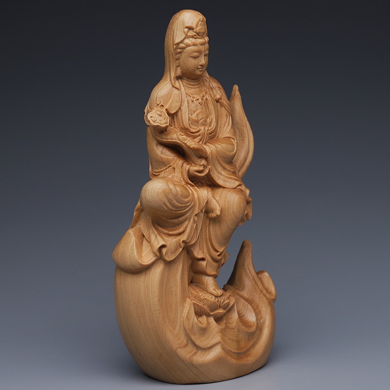 Solid Wood Flame Guanyin Statue Chinese Buddha Statue Ornaments Carving Crafts Home Office Decorator Ornaments