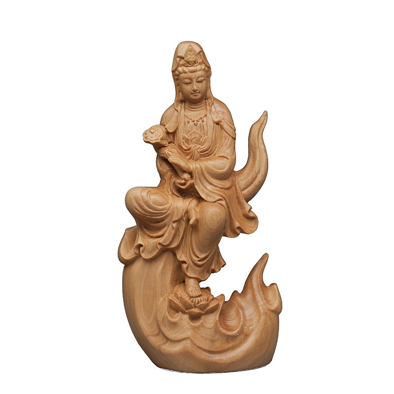 Solid Wood Flame Guanyin Statue Chinese Buddha Sta...