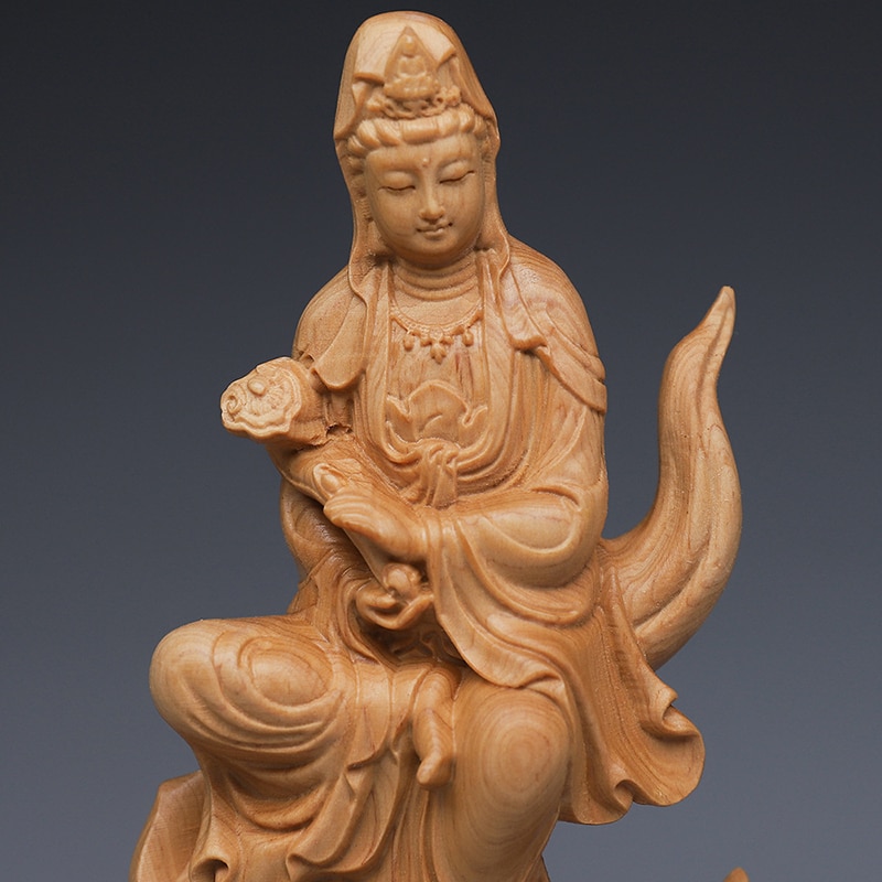 Solid Wood Flame Guanyin Statue Chinese Buddha Statue Ornaments Carving Crafts Home Office Decorator Ornaments