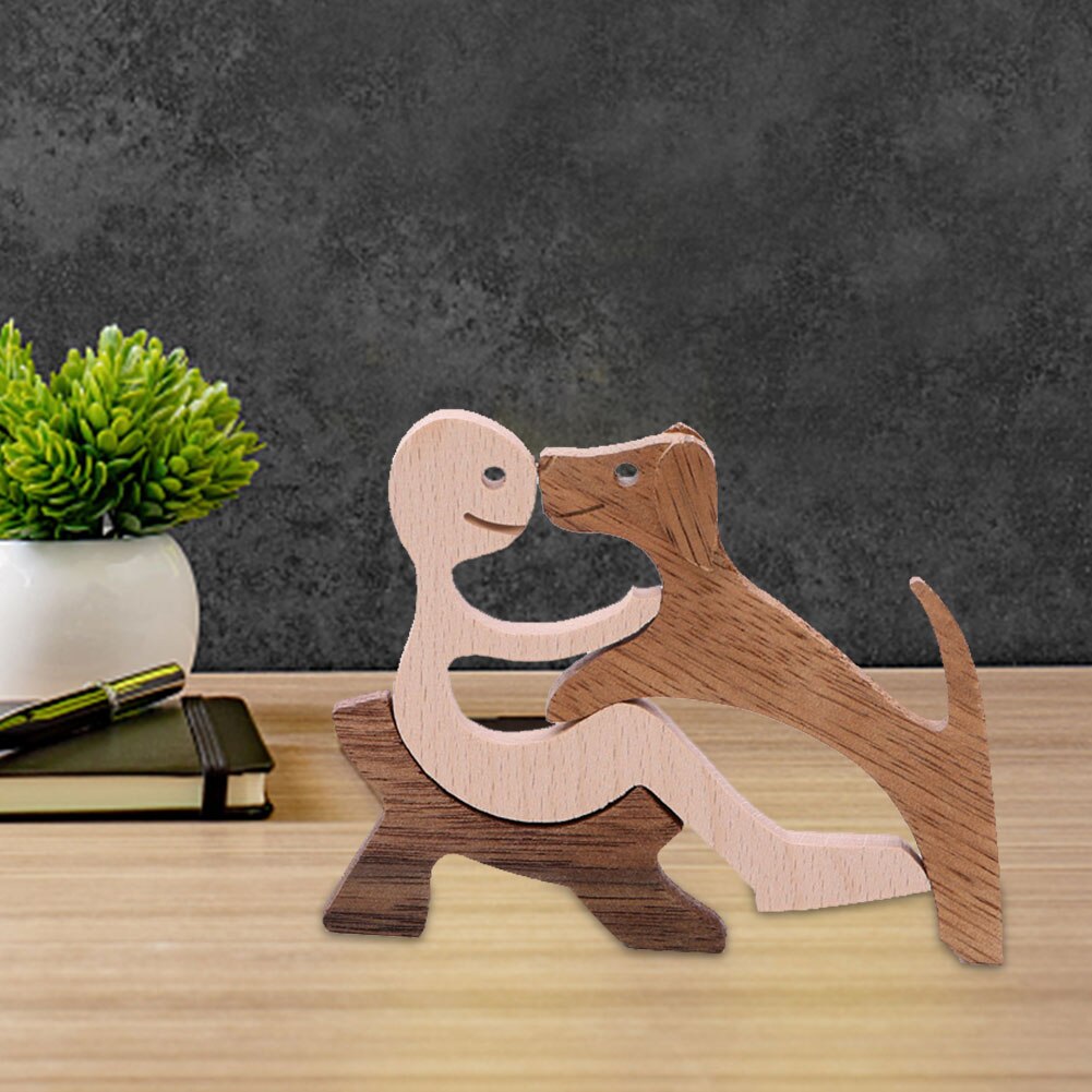 Wooden Sculpture Gift Sitting Man Office Desktop Pet Lover Living Room Dog Statue Friendship Craft Home Decor Figurine Carving
