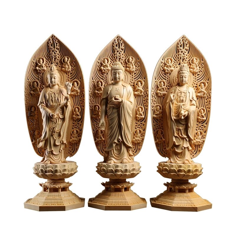 Wood Carving Buddha Solid Wooden Home Feng Shui Buddhist Temple Statue Amitabha Guanyin Bodhisattva Western Gods Budha Light