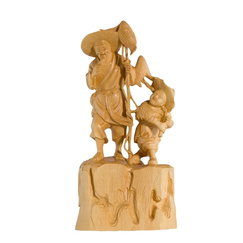 Fisherman and Fishing Kid Wood Carving Ornaments S...