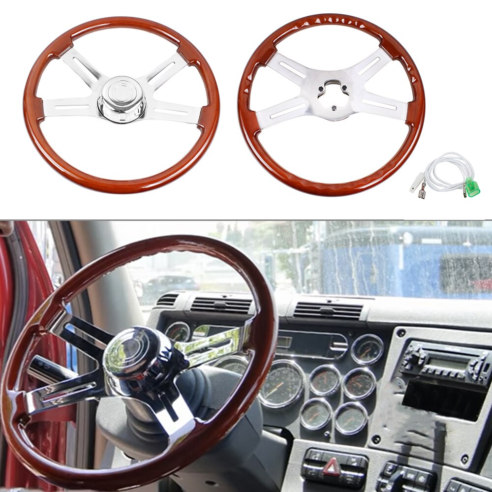 RASTP- Great Truck Wooden 455mm Classic Steering Wheel 3 Electroplated Steel Big Car Classic Wood Grain Finish RS-STW030