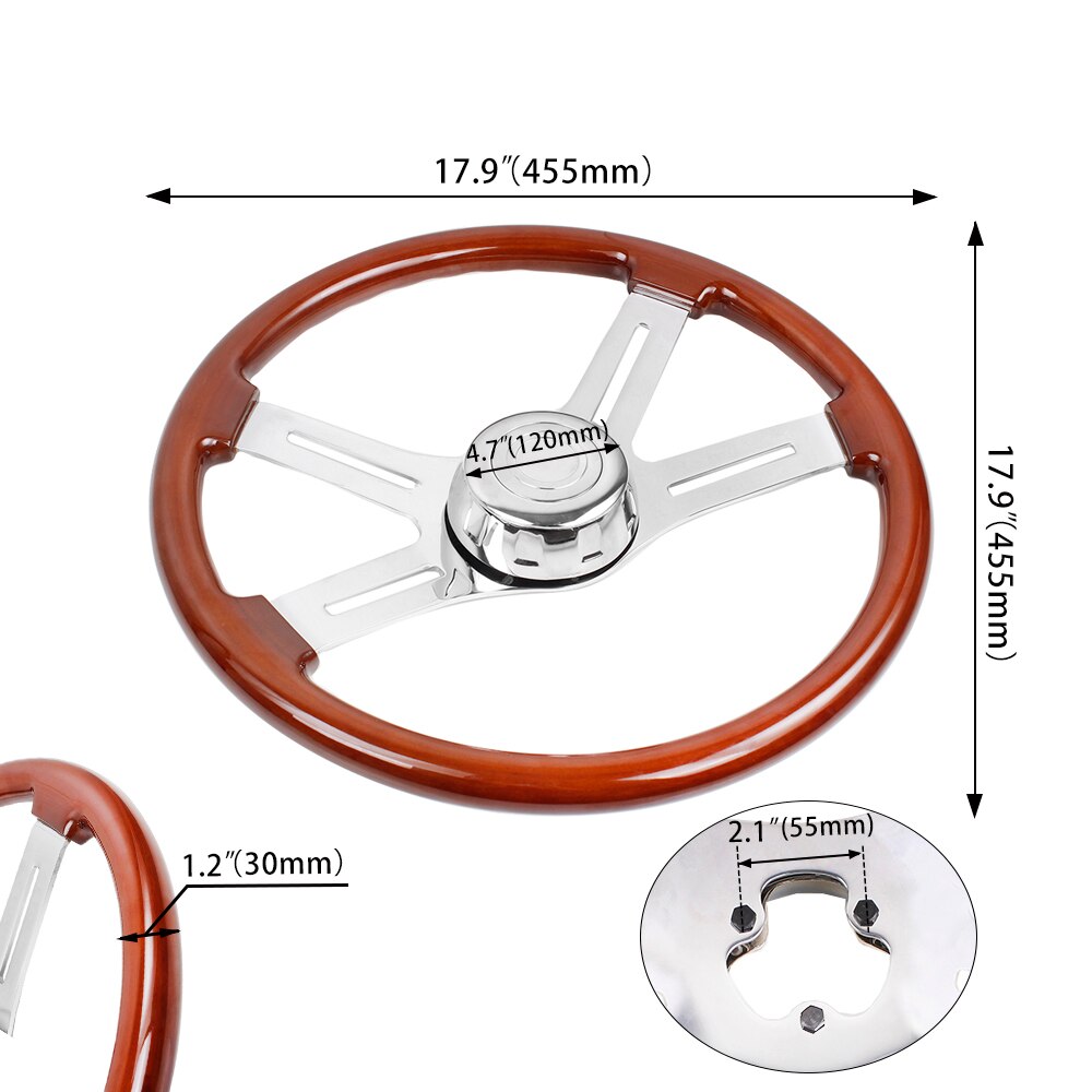 RASTP- Great Truck Wooden 455mm Classic Steering Wheel 3 Electroplated Steel Big Car Classic Wood Grain Finish RS-STW030