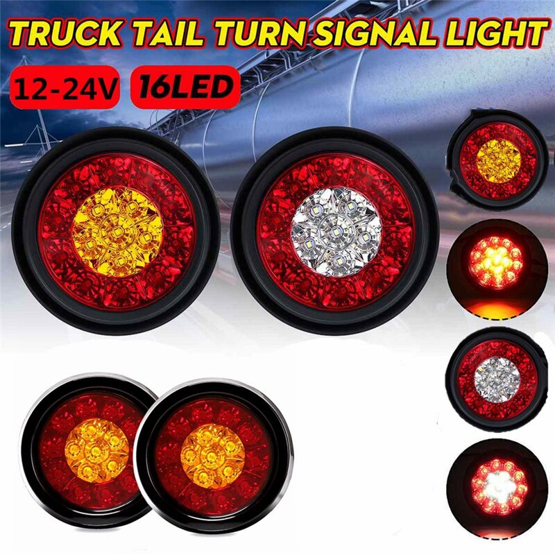 2Pcs 16 LED Car Round Dual-Color Taillights Rear Fog Light Stop Brake Running Reverse Lamp For Truck Trailer Lorry Car Produts