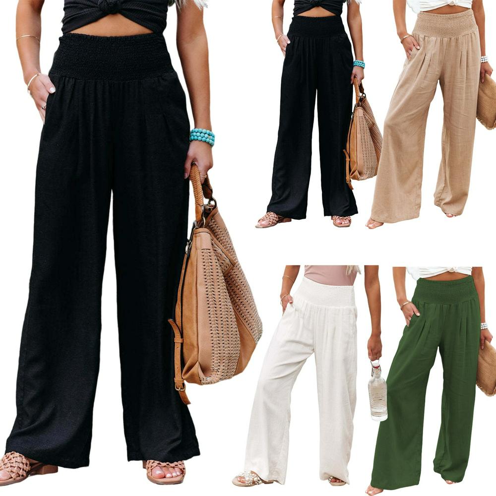 Straight Wide Leg Trousers Cotton Linen Female Baggy Trousers Loose Waist Pleated with Pocket Solid Color Summer Clothes