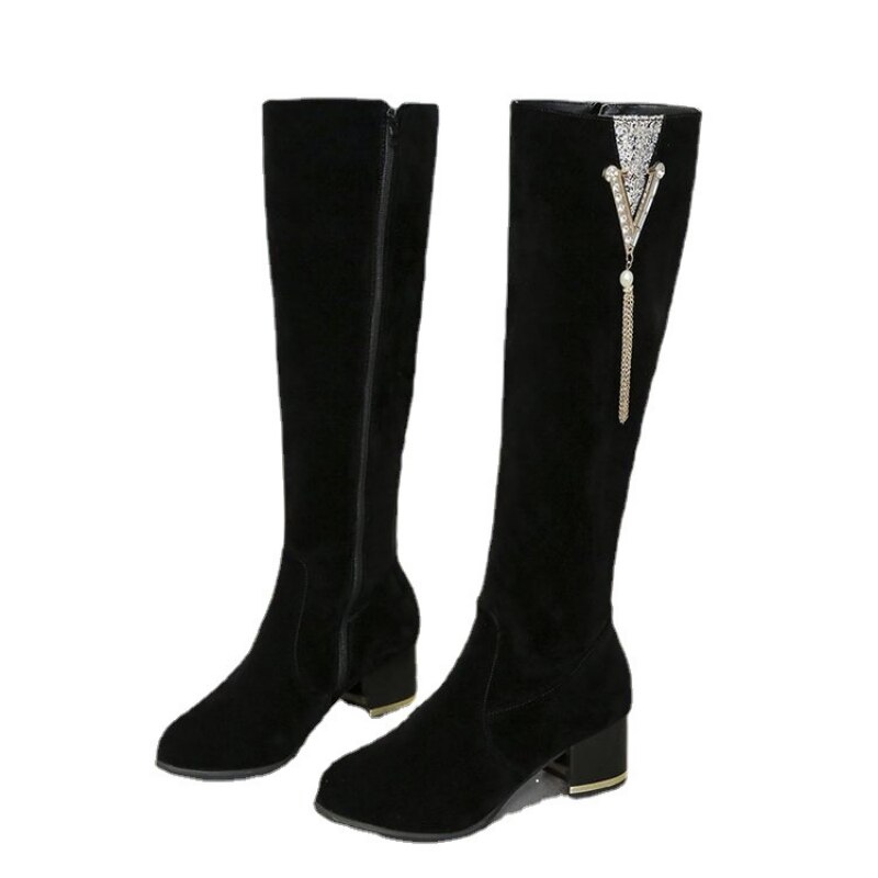 Winter New Women Long Boots Fashion Rhinestone Thick-heeled High-heeled Knee-high Boot Zipper Retro Knight Boot Women Shoes