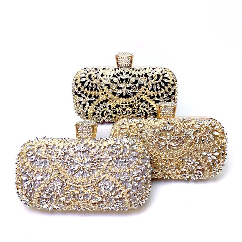Diamond Evening Clutch Bag For Women Wedding Golden Clutch Purse Chain Shoulder Bag Small Party Handbag With Metal Handle