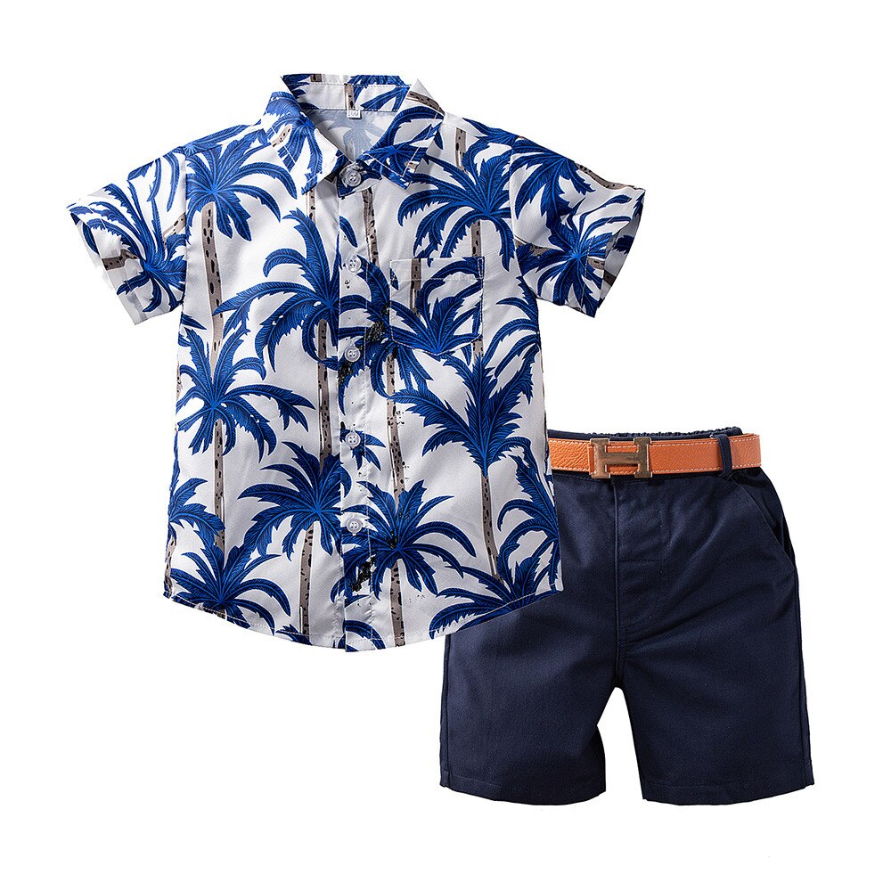 Baby Kid Boys Outfits Set Printed Short Sleeve Blouse Solid Shorts Belt Fashion Hawaiian Style Clothes Set