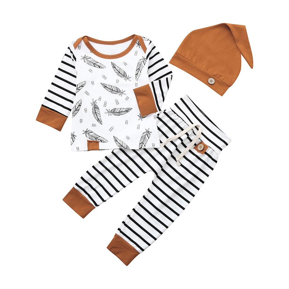 3pc Baby Boy Clothes Set Newborn Feather T Shirt Tops Striped Pants Clothes Outfits Winter Autumn Long Sleeve Top Pant