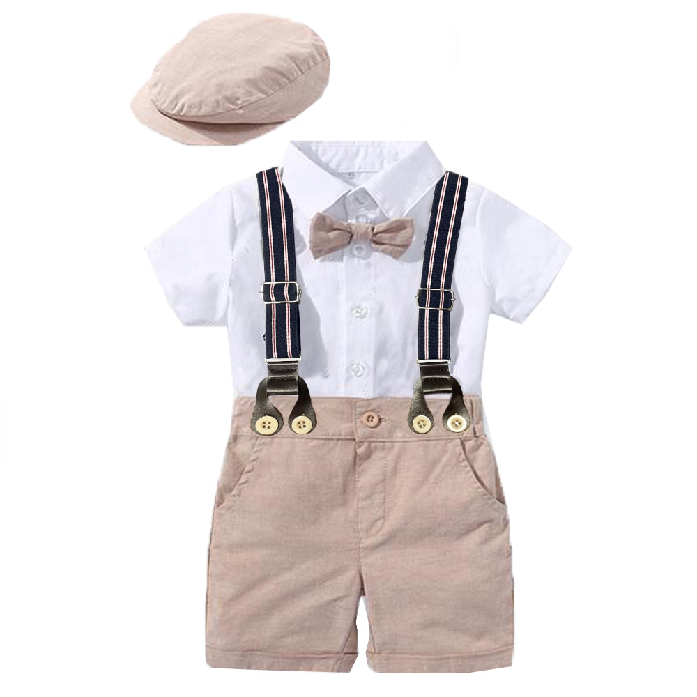 Gentleman Toddler Boy Romper Clothing Suit Newborn Solid Cotton Jumpsuit Belt Bow Hat Set Baby Boys Outfit