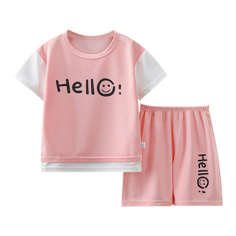Baby Boys Girls Summer Clothes Set Children's Patchwork Shirt Top and Shorts Suit Letter 'hello' Print Tracksuits Loungewear