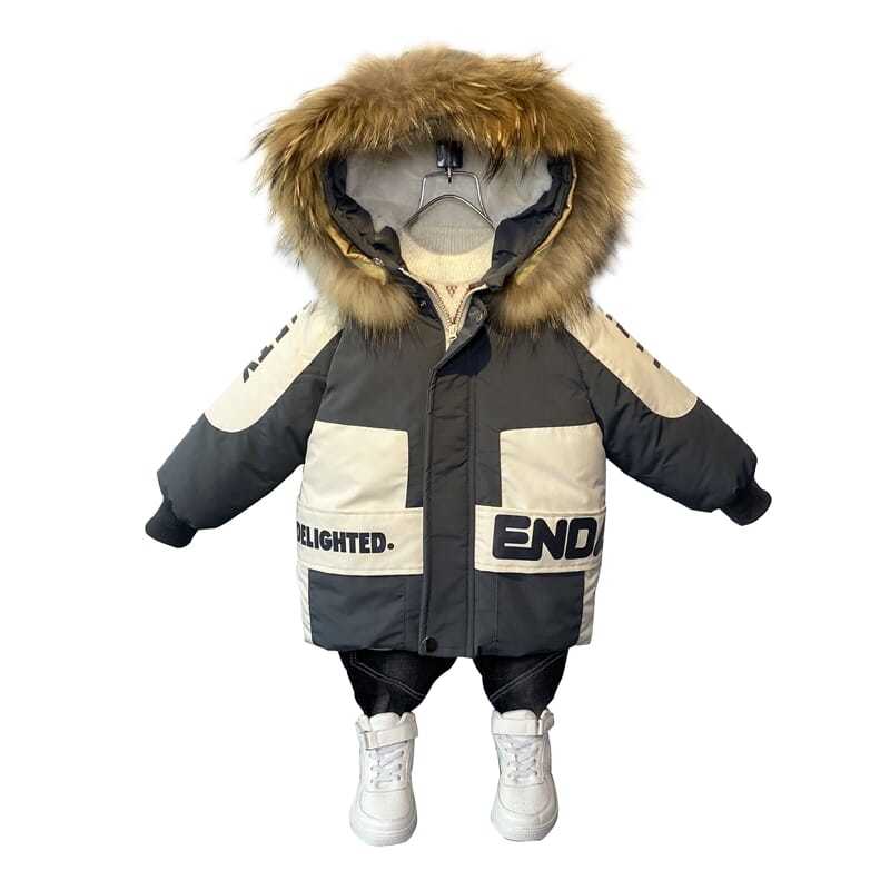 Winter Boys Coat Baby Fur Collar Hooded Cotton Plu...