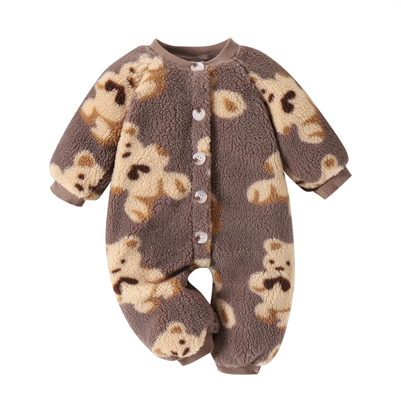 Newborn Baby Boy Girl Romper Long Sleeve Bear Print Plush Jumpsuit Warm Winter Fall Toddler Infant Clothing