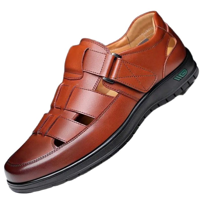 Men Sandal Summer Hollow Out PU Leather Breathable Sandals Non-slip Flats Soft Bottom Handmade Tide Design Footwear Men Shoes
