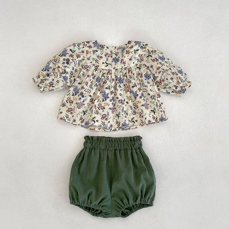 Autumn New Baby Clothing Set Floral Blouse Green Shorts 2 Pcs Suit