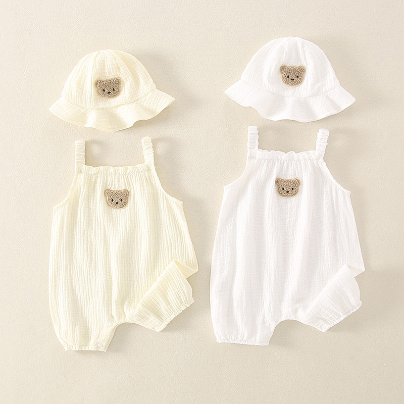 Summer Baby Wear Hooded Toddler One-Piece Cute Bear Suspender Bodysuit Set