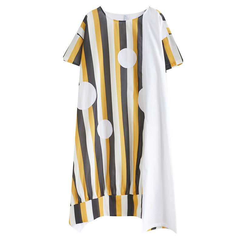 Oversized Korea Summer Polka Dot Casual Asymmetrical Striped Print Dress Loose Fashion Simplicity O-Neck Pullover Shirt Dresses