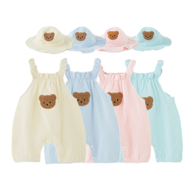 Newborn Romper Hat Sets Sleeveless Baby Jumpsuits Cartoon Bear Sling Bodysuit For Girls Boys Summer Muslin Clothing