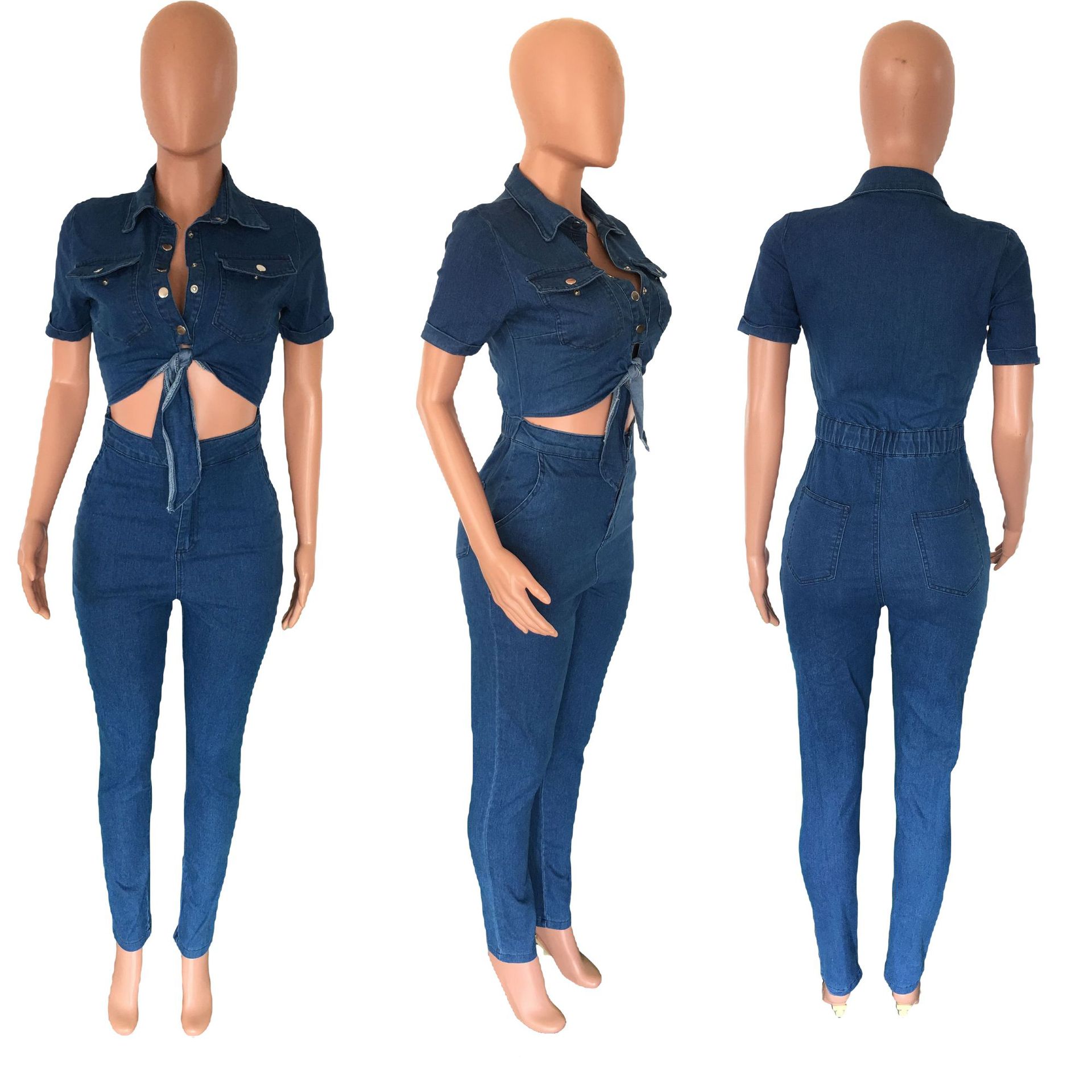 Denim Jean Jumpsuit Sexy Women Summer Clothes Streetwear One Piece Jean Pencil Bodycon Pocket Pant Jumpsuit Bodysuit