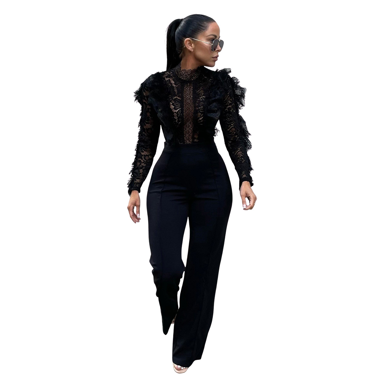 Women Elegant Long Sleeve O-neck Ruffle Patchwork Tassel Rompers Autumn Sexy Lace Through Night Club Party Jumpsuits