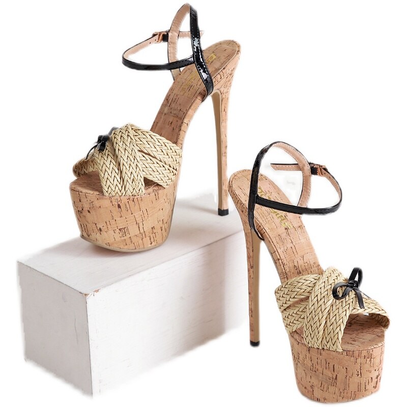 Weave Straw Sandals High Heels 16.5cm Thin Heel Ankle Strap Peep Toe Italy Style Sandals Womens Shoes Cork platform Sandals Female