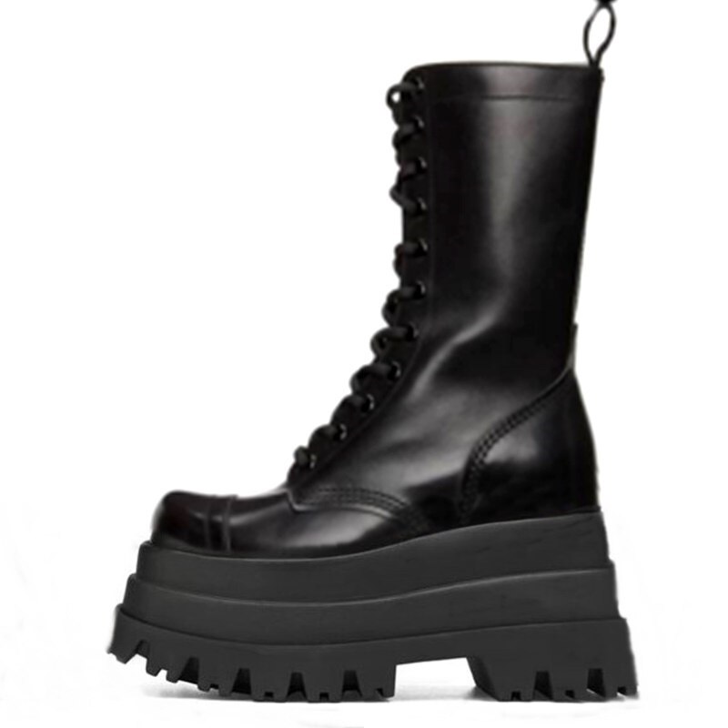 platform ankle boots for women autumn winter combat work biker military boot classic lace-up black side zipper woman shoes