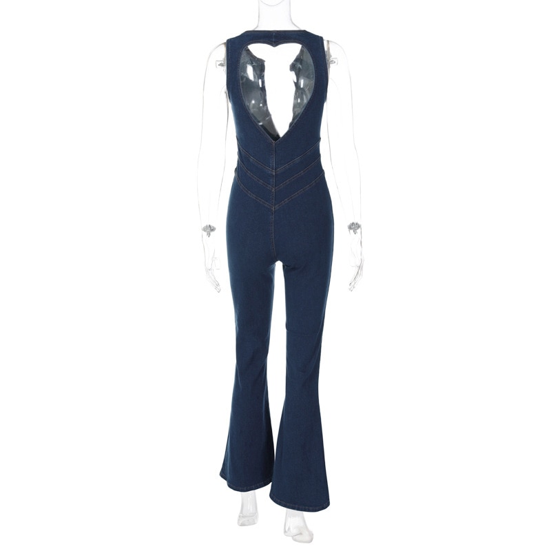 Backless Heart Cutout Bodycon Jumpsuit For Women Summer Sleeveless Slim One-Piece Outfits Retro Denim Jumpsuits