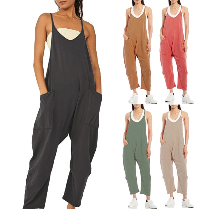 Women Casual Jumpsuits Summer Outfit Clothes Inelastic Sleeveless Loose Wide Leg Rompers with Large Pocket Homewear Cotton Pants