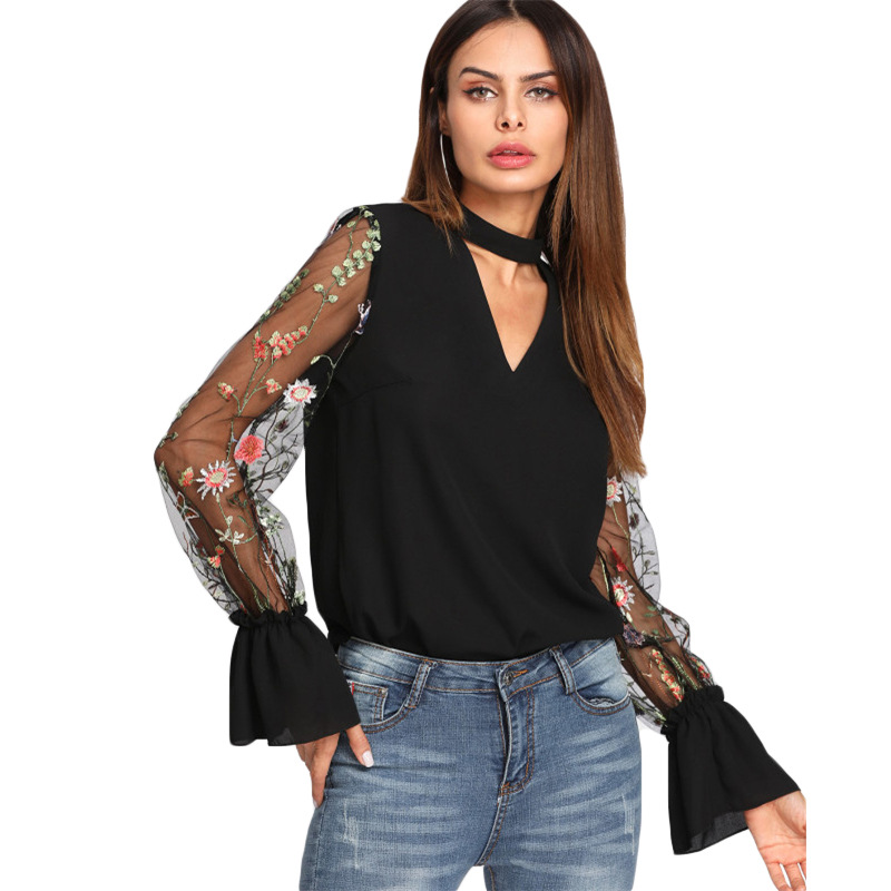 Ladies Sexy Floral Blouses Summer Women's Fashion Tops Embroidered Mesh Flare Long Sleeve V Neck Female Elegant Shirts