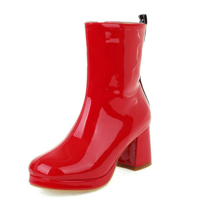 Red Pink White Black Women Ankle Boots Platform Square High Heel Ladies Short Boots Patent PU Leather Round Toe Women's Boots