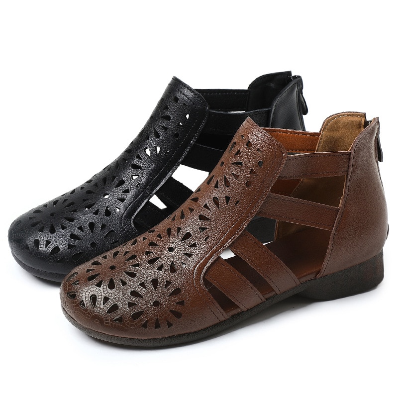 Large Size Genuine Leather Summer Sandals Breathable Hollow Boots Flat Soft Non-slip Comfortable