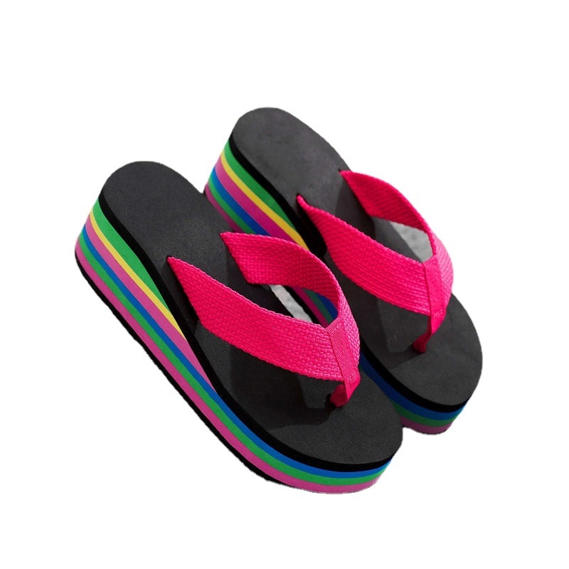 Fashion Women's Rainbow Thick Bottom Summer Slippers High-Heeled Colorful Flip Flops for Casual Beachwear Female Outdoor Shoes