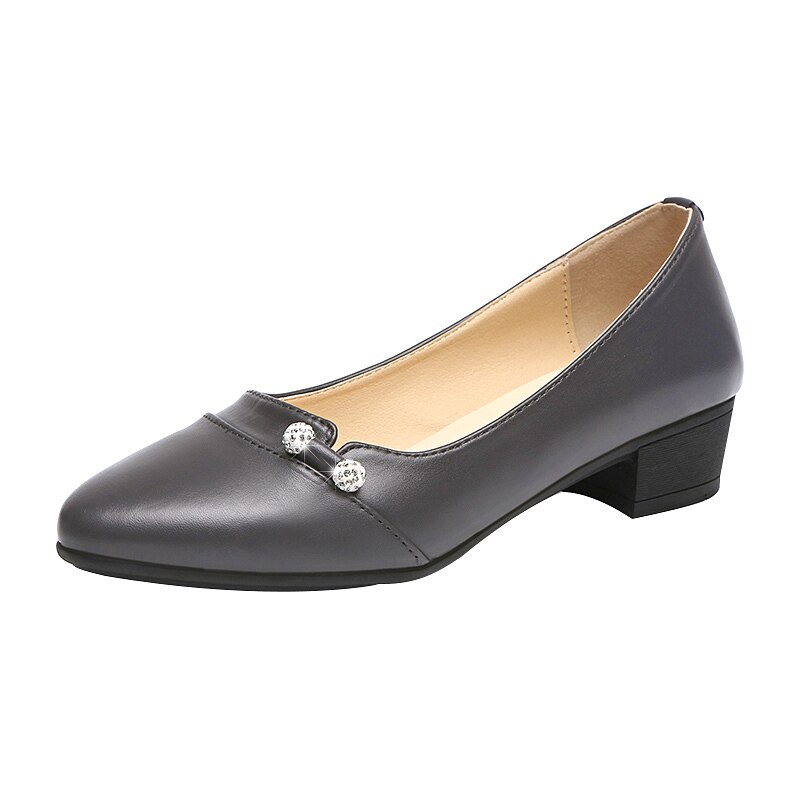 Women Pumps Grey Boat Shoes Pu Leather Dress Shoes Medium Heels Office Shoes Rhinestone Slip on Shoes