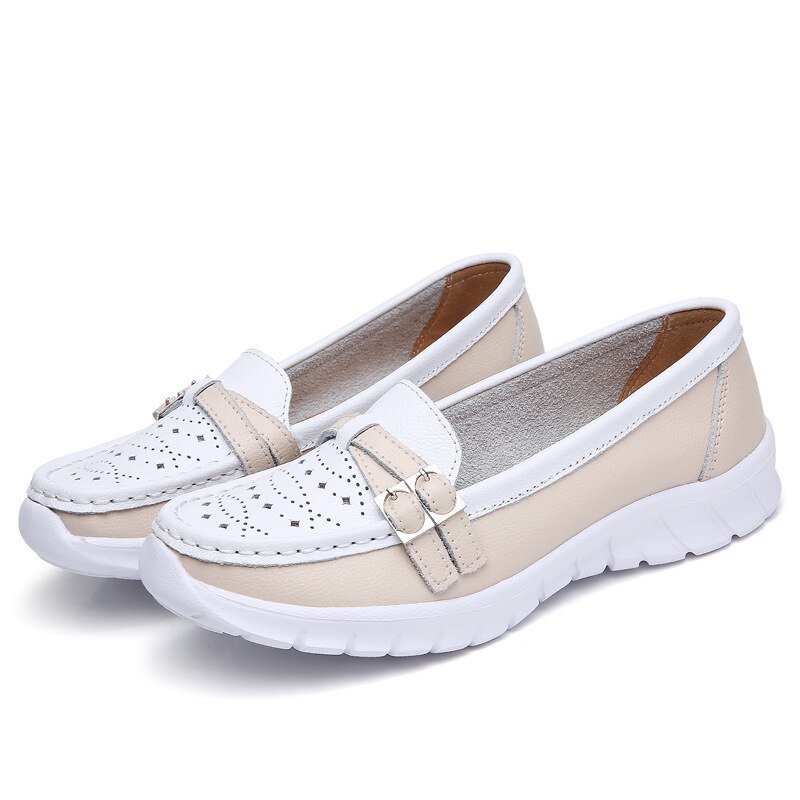 Spring Women Flats Shoes Summer Hollow Leather Breathable Moccasins Shoes Women Boat Shoes Ladies Walking Casual Shoes