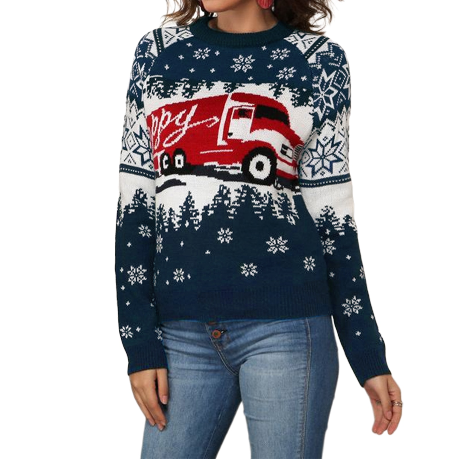 Christmas Style Women Knitted Top Sweater Loose Fit Snowflake Truck Pattern Navy Blue Jumpers Long Sleeve Crew Neck Daily Outfit