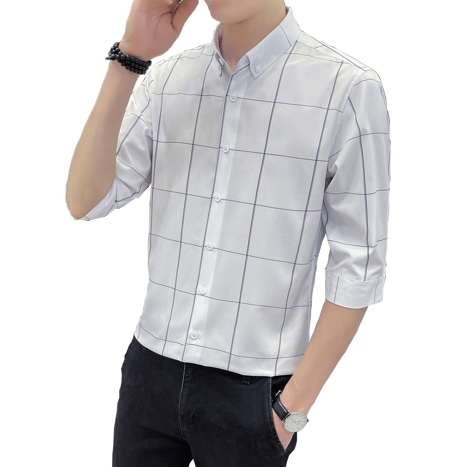Casual Shirts Men Plaid Pattern Shirts Korean Style Summer Slim Shirts Mens Fashion Clothing Work Wear