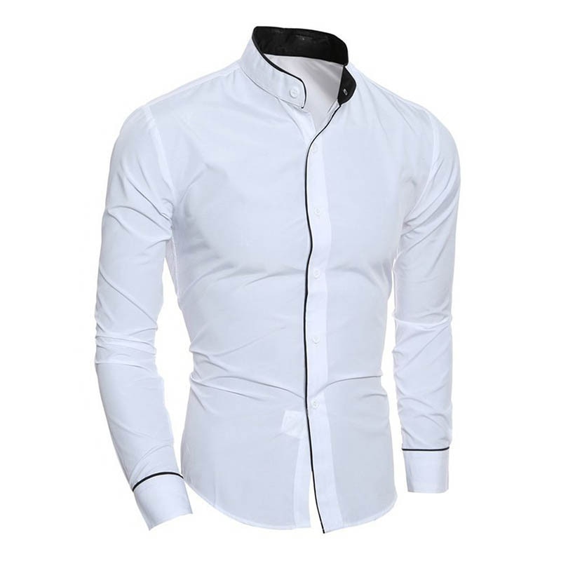 Men Slim Standing Collar Shirt Classic Solid Color Personality Cardigan Business High-end Long-sleeve Shirt