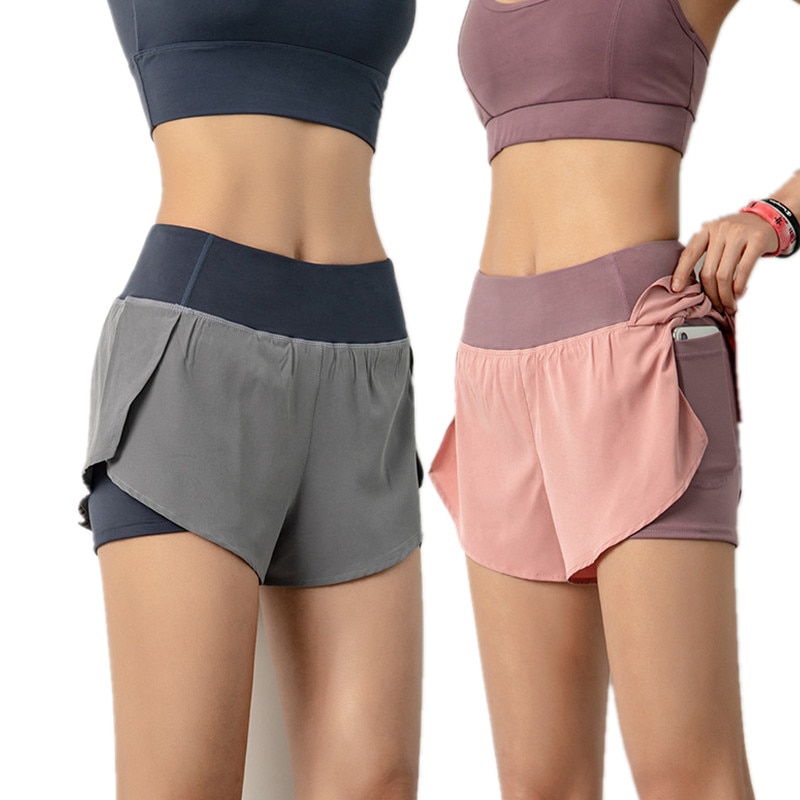 Women Biker Shorts Double-layer Side Pocket Running Shorts Breathable Quick Dry Yoga Workout Gym Fitness Sportwear Spandex Pants