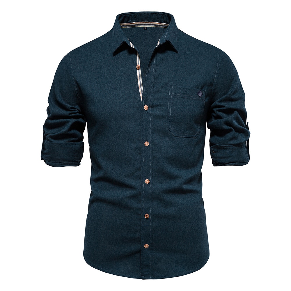 High Quality 100% Cotton Business Men's Shirts Single Pocket Solid Color Long Sleeve Shirts for Men Lapels Blouse Men Streetwear