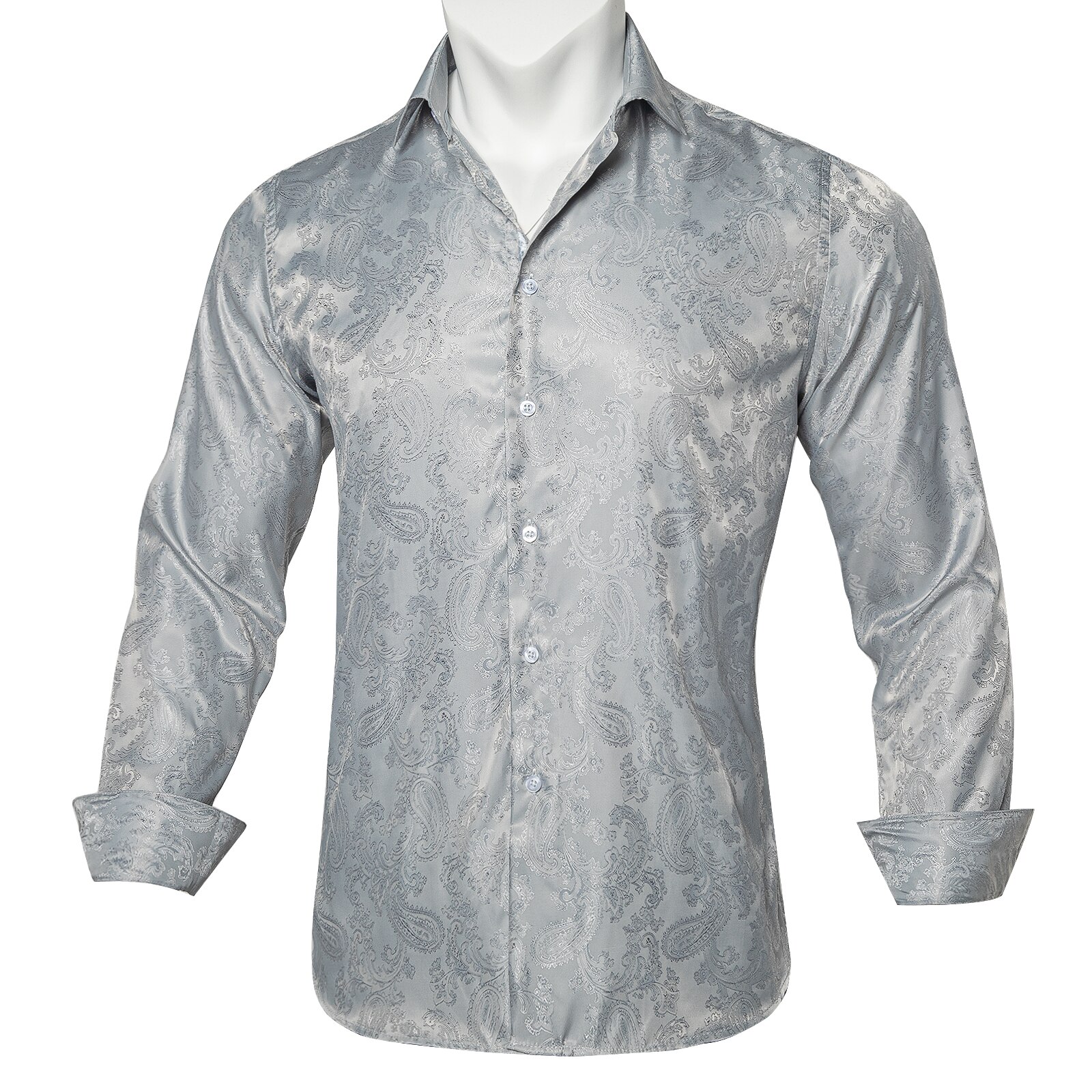 Men's Shirt Soft Silk Polyester Long Sleeve Paisley Business Casual Dress Button Down Collar Shirts Men Clothing